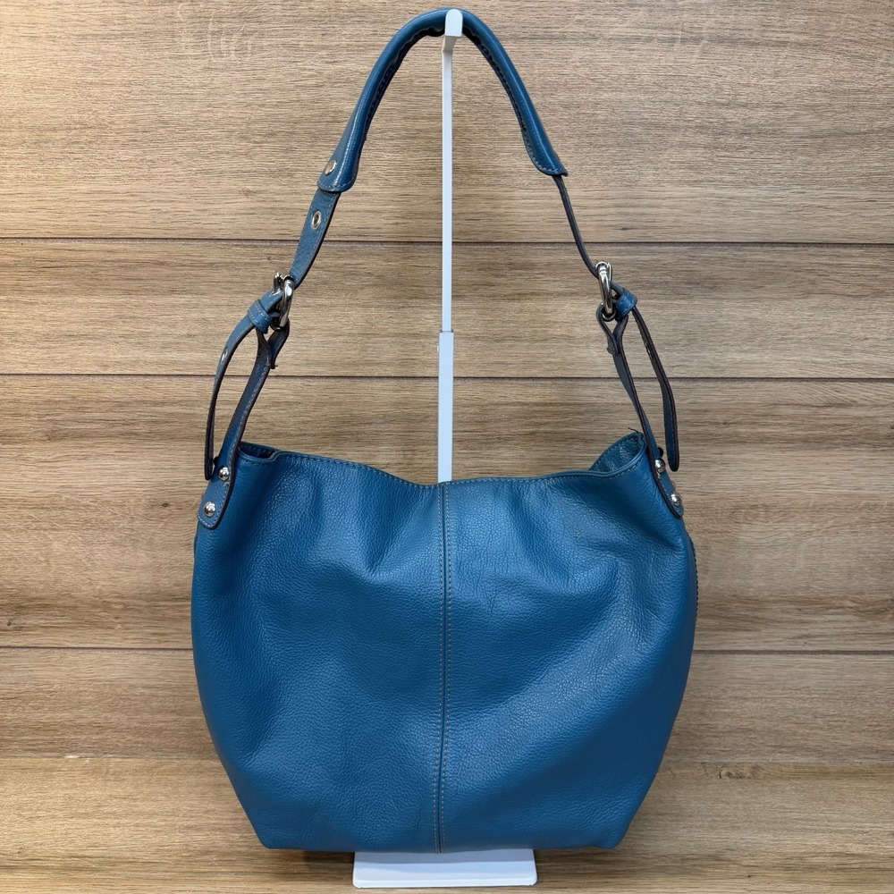 Tignanello Pebbled Leather Slouchy Hobo Shoulder Tote Bag Teal Blue Y2K Silver